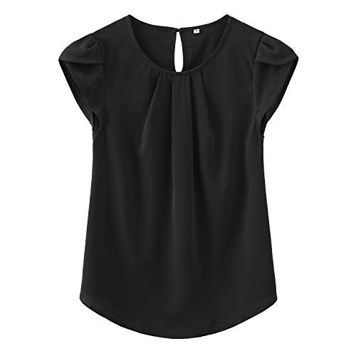 TASAMO Women's Casual Round Neck Basic Pleated Top Cap Sleeve Curved Keyhole Back Chiffon Blouse (Large, Black) - Image 1