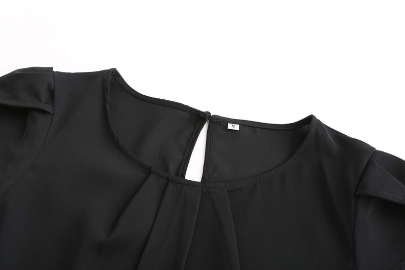 TASAMO Women's Casual Round Neck Basic Pleated Top Cap Sleeve Curved Keyhole Back Chiffon Blouse (Large, Black) - Image 3