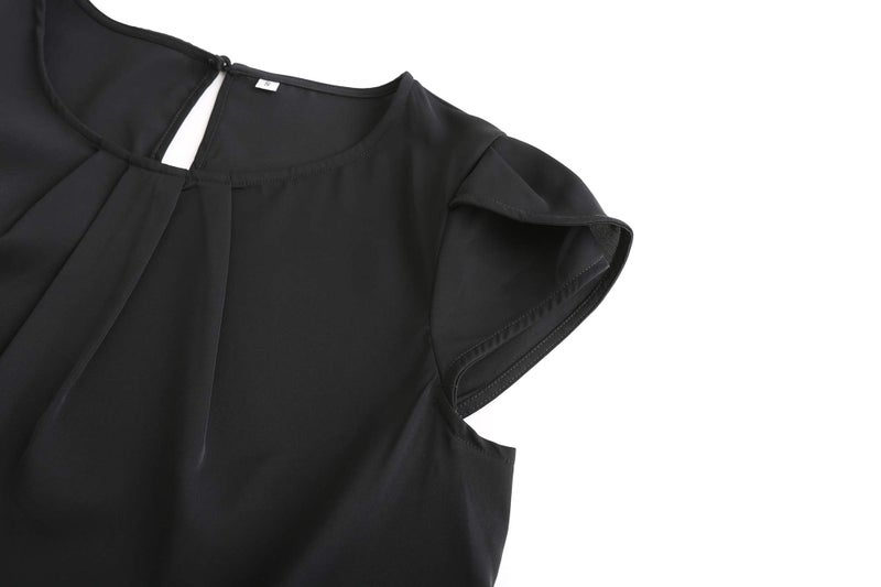 TASAMO Women's Casual Round Neck Basic Pleated Top Cap Sleeve Curved Keyhole Back Chiffon Blouse (Large, Black) - Image 4