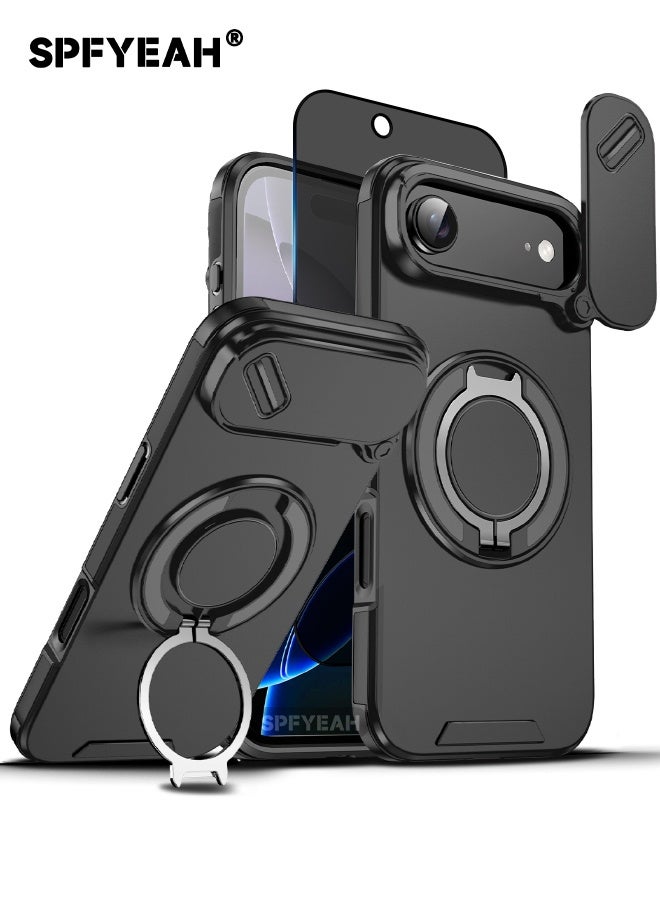 SPFYEAH [2-in-1] iPhone 17 Air Case with Privacy Screen Protector, Slide Camera Cover, Built-in 360° Rotate Round Ring Kickstand, Heavy Duty Shockproof Back Cover for iPhone 17 Air 6.5 inch (Black, 1+1 Pack) - Image 1