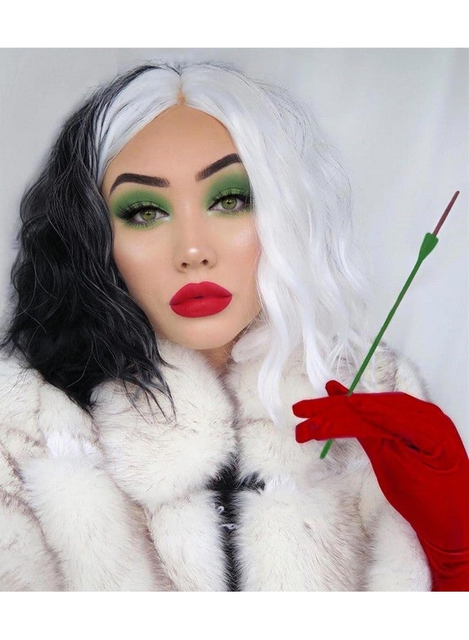 Mildiso باروكة كرويللا ديفيل سوداء وبيضاء لزي كرويللا ديفيل للنساء باروكة كرويللا مع قفازات شعر قصير مجعد ومتموج مع غطاء باروكة M126Bw - Image 3