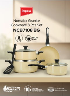 Impex 8-Piece Aluminium Nonstick Cookware Set,5 Layer Super Granite Coating,2 Saucepan With Tempered Glass Lid, Milk pan With Lid, Fraying Pan And Spatula-NCB 7108BG  - Image 1