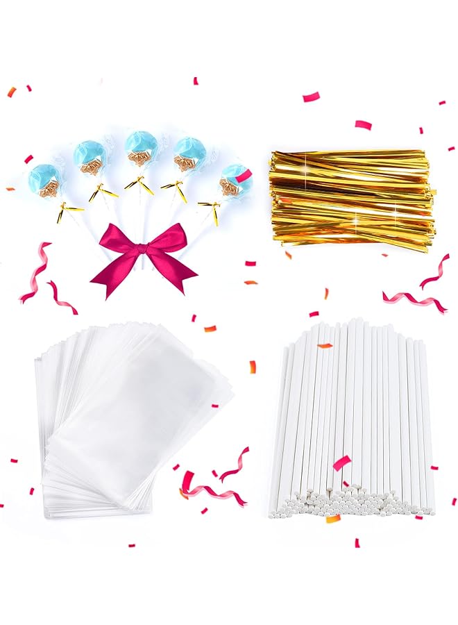 S-TOP 300Pcs Cake Pop Sticks and Wrappers Kit, Including 100ct 6-inch Paper Lollipop Sticks Including 100 Parcel Bags,100 Gold Twist Ties,for Cakepop, Lollipop, Hard Candy, Suckers, Chocolate - Image 1