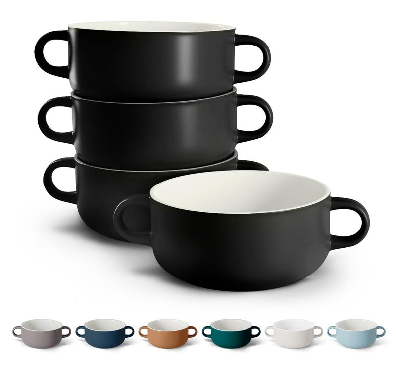 Kook Kook Soup Crocks Ceramic Bowls Broil Oven Microwave and Dishwasher Safe with Handles For Casserole Pasta Cereal 18 oz Set of 4 Black 