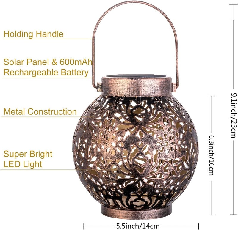 EXCMARK 2 Pack Outdoor Solar Hanging Lantern Lights Metal LED Decorative Lamp for Garden Patio Courtyard Lawn and Table with Hollowed-Out Design (Bronze) - Image 3