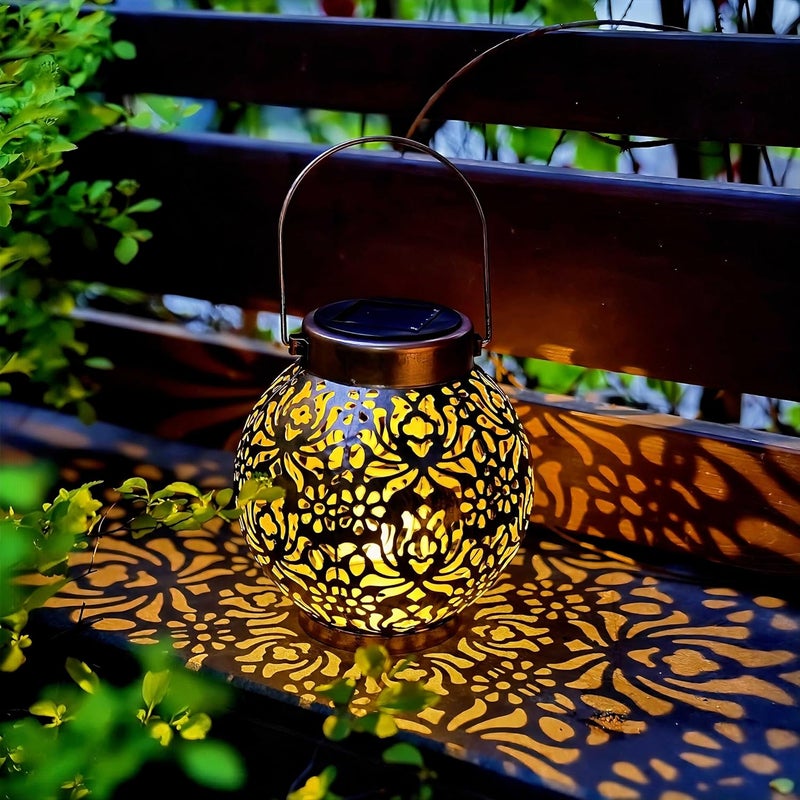 EXCMARK 2 Pack Outdoor Solar Hanging Lantern Lights Metal LED Decorative Lamp for Garden Patio Courtyard Lawn and Table with Hollowed-Out Design (Bronze) - Image 4