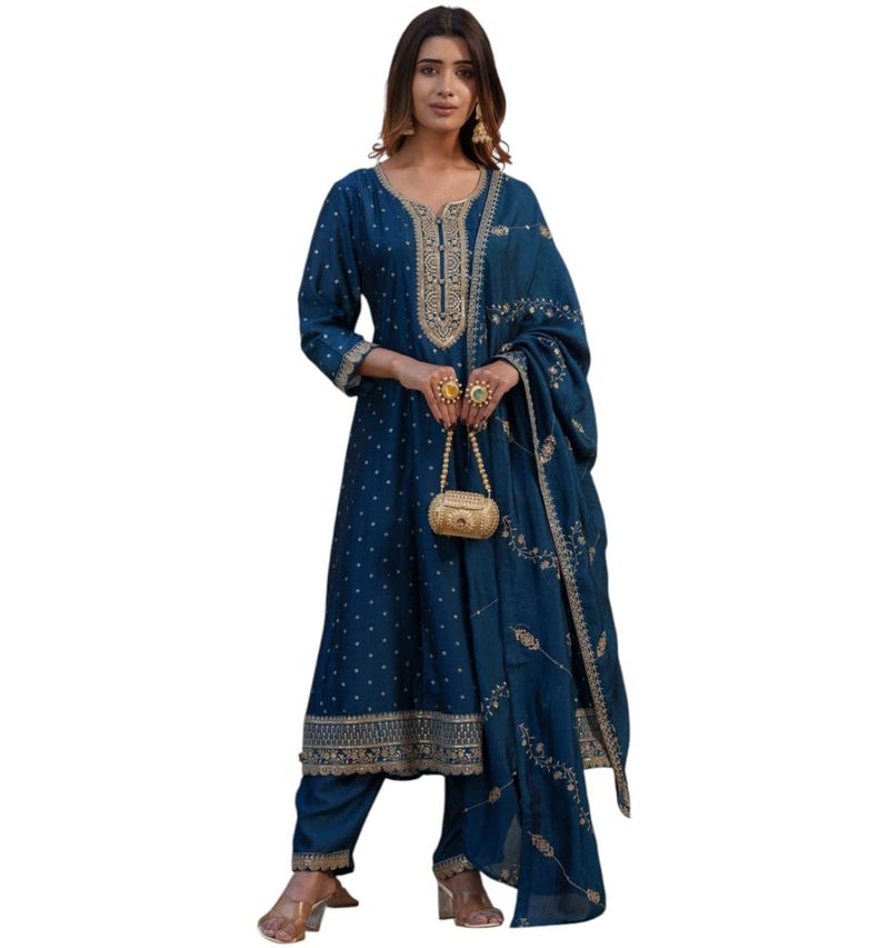 Kaari Women's Embroidered Kurti Set with Dupatta | Ethnic Suits with Embellished Dupatta | Everyday and Festive Kurti Set for Women|N Blue|XL - Image 1