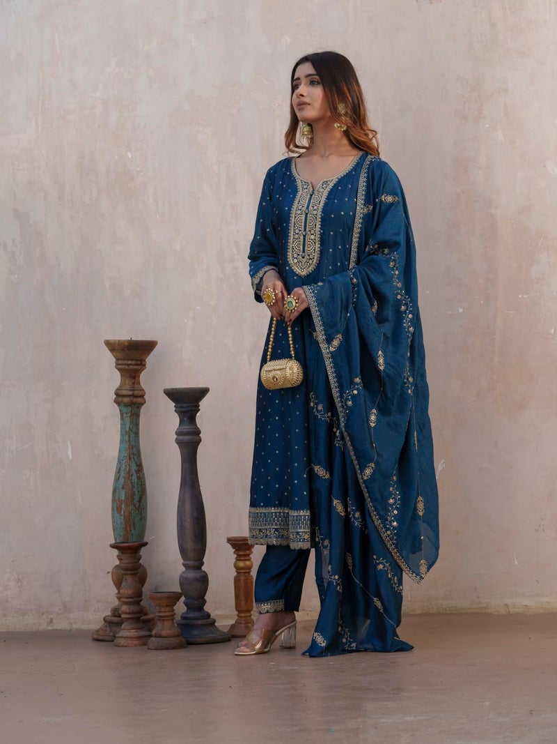 Kaari Women's Embroidered Kurti Set with Dupatta | Ethnic Suits with Embellished Dupatta | Everyday and Festive Kurti Set for Women|N Blue|XL - Image 3