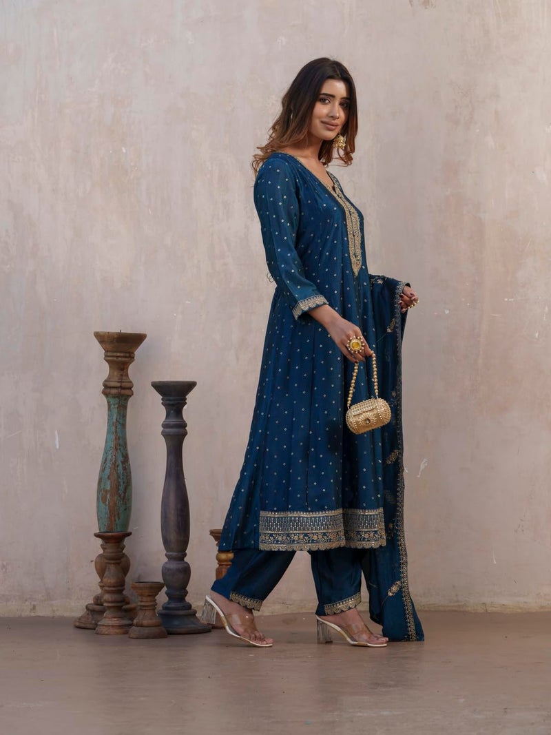 Kaari Women's Embroidered Kurti Set with Dupatta | Ethnic Suits with Embellished Dupatta | Everyday and Festive Kurti Set for Women|N Blue|XL - Image 4