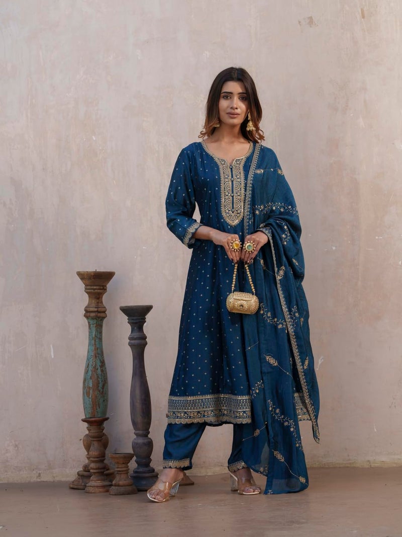 Kaari Women's Embroidered Kurti Set with Dupatta | Ethnic Suits with Embellished Dupatta | Everyday and Festive Kurti Set for Women|N Blue|XL - Image 2
