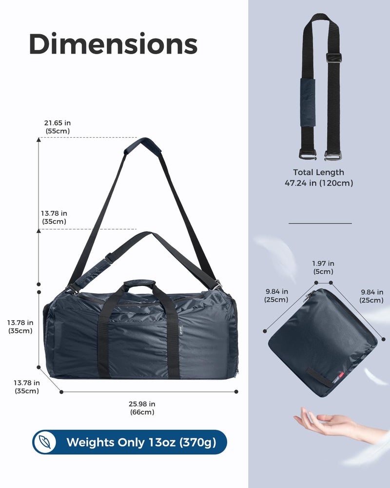 pack all 65L Foldable Travel Duffel Bag, Packable Weekender Bag with Shoe Compartment, Water-Resistant Gym Bag with Adjustable Strap for Overnight, Sports and Camping (Navy) - Image 2