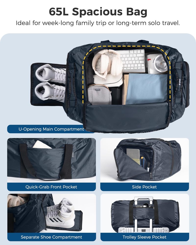 pack all 65L Foldable Travel Duffel Bag, Packable Weekender Bag with Shoe Compartment, Water-Resistant Gym Bag with Adjustable Strap for Overnight, Sports and Camping (Navy) - Image 3