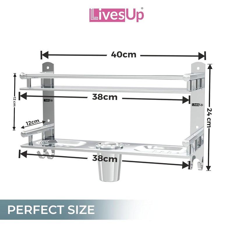 LivesUp Stainless Steel Multi-use Rack, Bathroom Shelf, Soap Stand, Tumbler and Toothbrush Holder, Bathroom Accessories, Silver, Number of Shelves 2 - Image 2