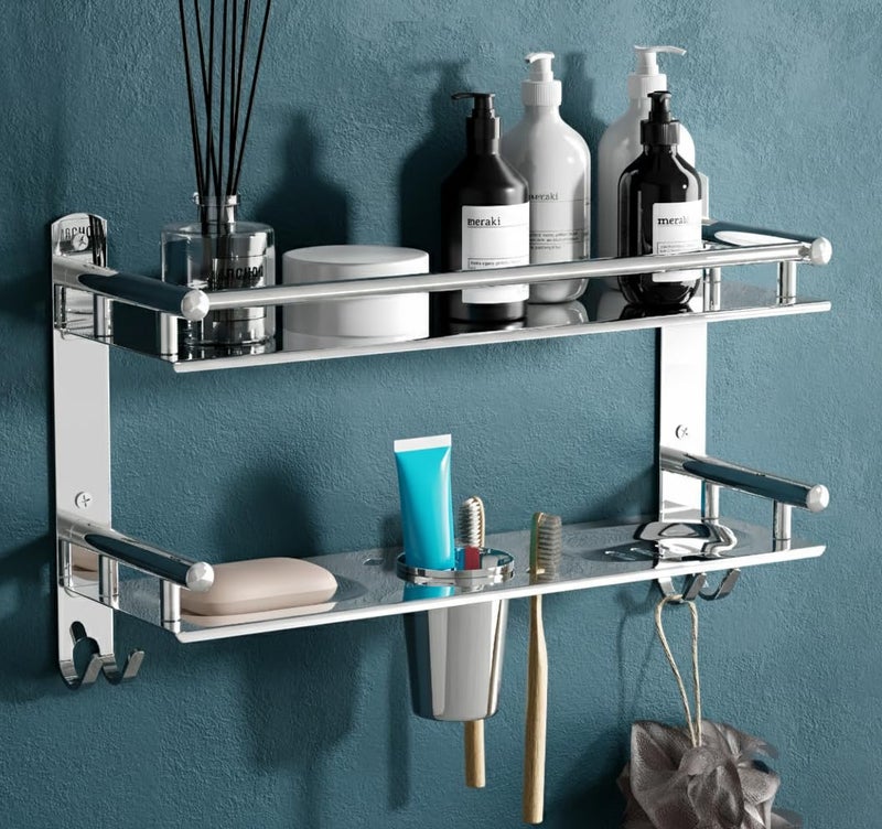 LivesUp Stainless Steel Multi-use Rack, Bathroom Shelf, Soap Stand, Tumbler and Toothbrush Holder, Bathroom Accessories, Silver, Number of Shelves 2 - Image 1