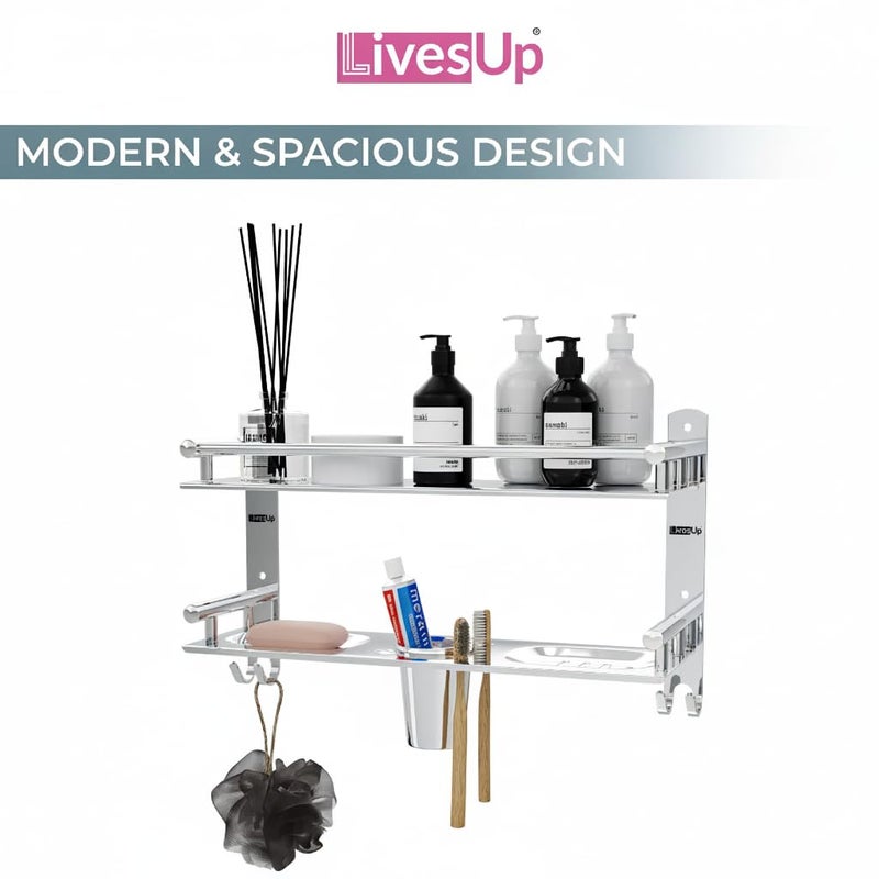 LivesUp Stainless Steel Multi-use Rack, Bathroom Shelf, Soap Stand, Tumbler and Toothbrush Holder, Bathroom Accessories, Silver, Number of Shelves 2 - Image 5