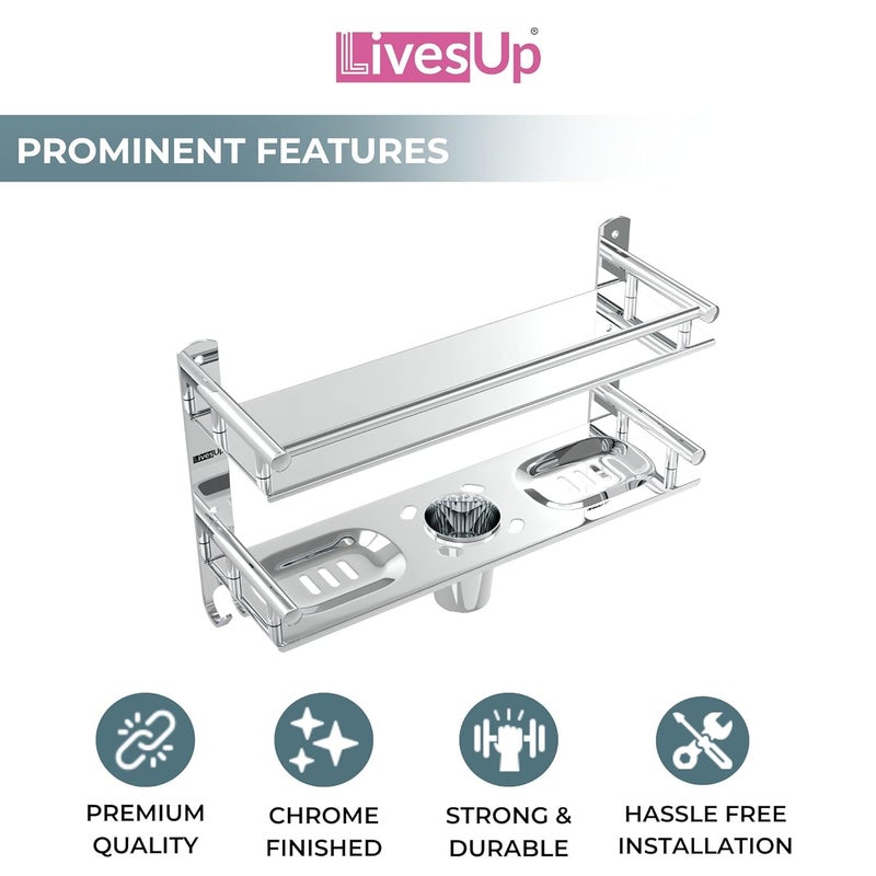 LivesUp Stainless Steel Multi-use Rack, Bathroom Shelf, Soap Stand, Tumbler and Toothbrush Holder, Bathroom Accessories, Silver, Number of Shelves 2 - Image 3