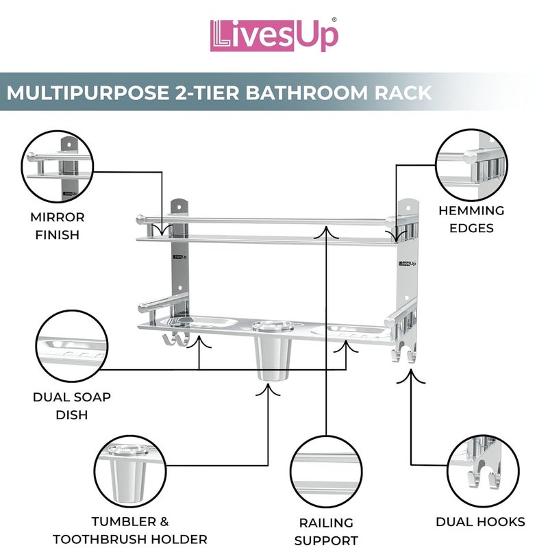 LivesUp Stainless Steel Multi-use Rack, Bathroom Shelf, Soap Stand, Tumbler and Toothbrush Holder, Bathroom Accessories, Silver, Number of Shelves 2 - Image 4
