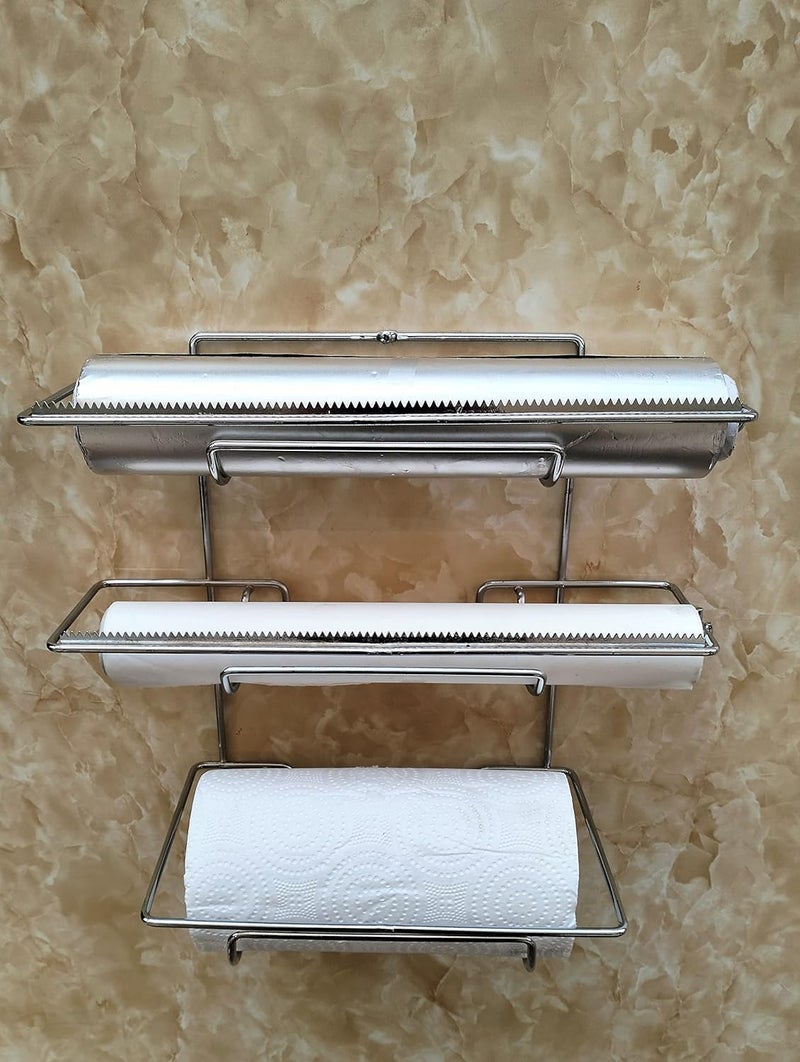 easy root Multipurpose 3 in 1 Kitchen Triple Paper Roll Dispenser Holder Wrap Holds Aluminium Foil Cling Film Plastic Wrap and Tissue Paper Towels Organizer Set of 1 - Image 1
