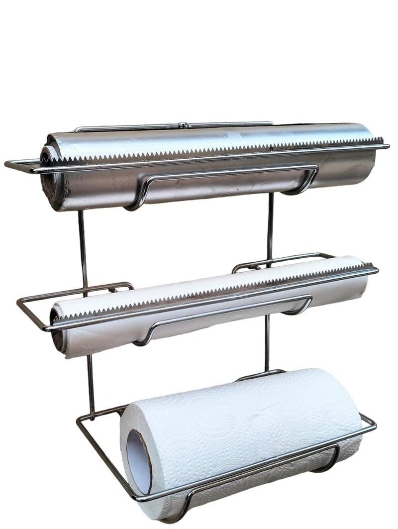 easy root Multipurpose 3 in 1 Kitchen Triple Paper Roll Dispenser Holder Wrap Holds Aluminium Foil Cling Film Plastic Wrap and Tissue Paper Towels Organizer Set of 1 - Image 4