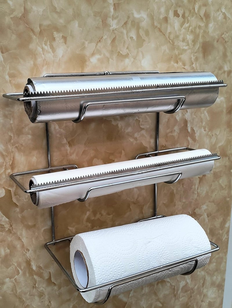 easy root Multipurpose 3 in 1 Kitchen Triple Paper Roll Dispenser Holder Wrap Holds Aluminium Foil Cling Film Plastic Wrap and Tissue Paper Towels Organizer Set of 1 - Image 3