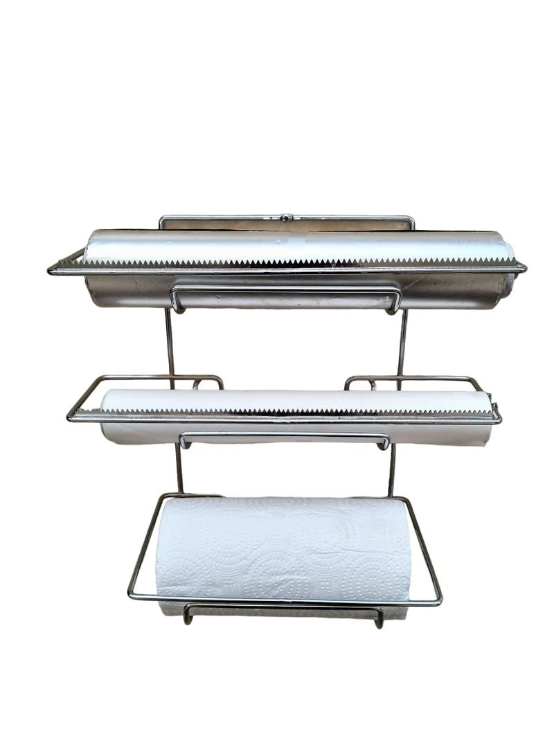 easy root Multipurpose 3 in 1 Kitchen Triple Paper Roll Dispenser Holder Wrap Holds Aluminium Foil Cling Film Plastic Wrap and Tissue Paper Towels Organizer Set of 1 - Image 5