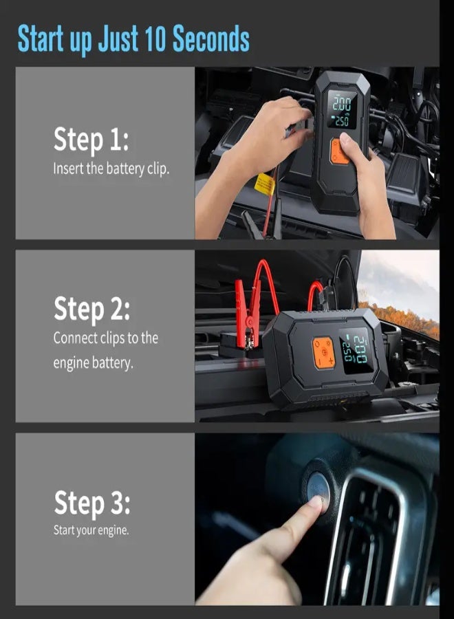 ارواق جهاز طوارئ 4 في 1 للسيارة مع منفاخ هواء، كشاف LED، وبنك طاقة – 150PSI، تيار ذروة 1500A، شاشة رقمية، شحن Type-C – مناسب للسيارات والدراجات - Image 5