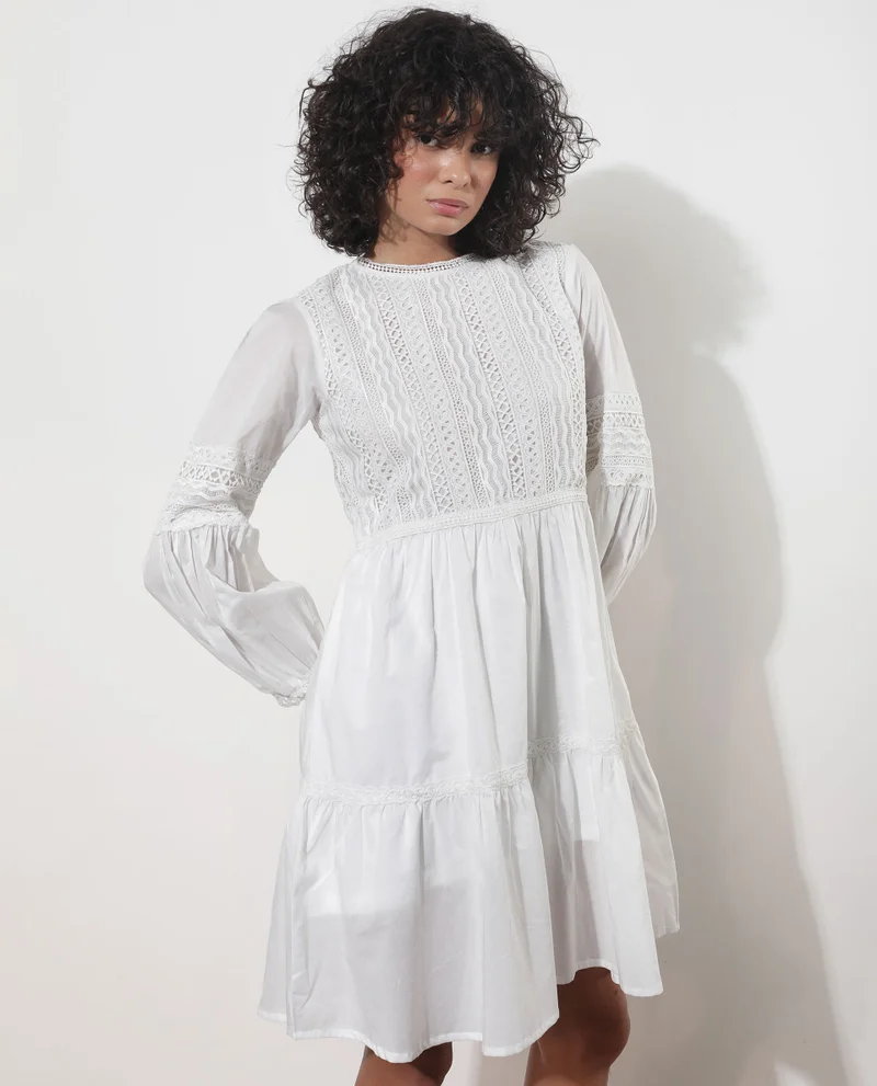 Rareism Women's Elegant White Lace Dress
