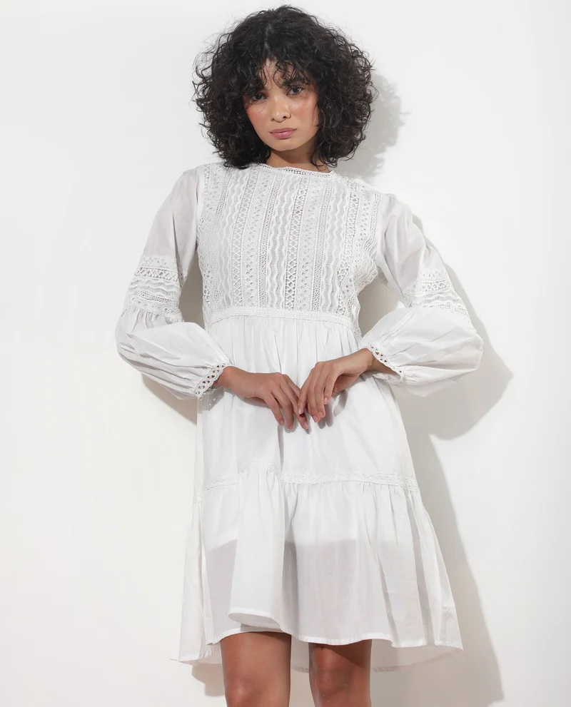 Rareism Women's Elegant White Lace Dress