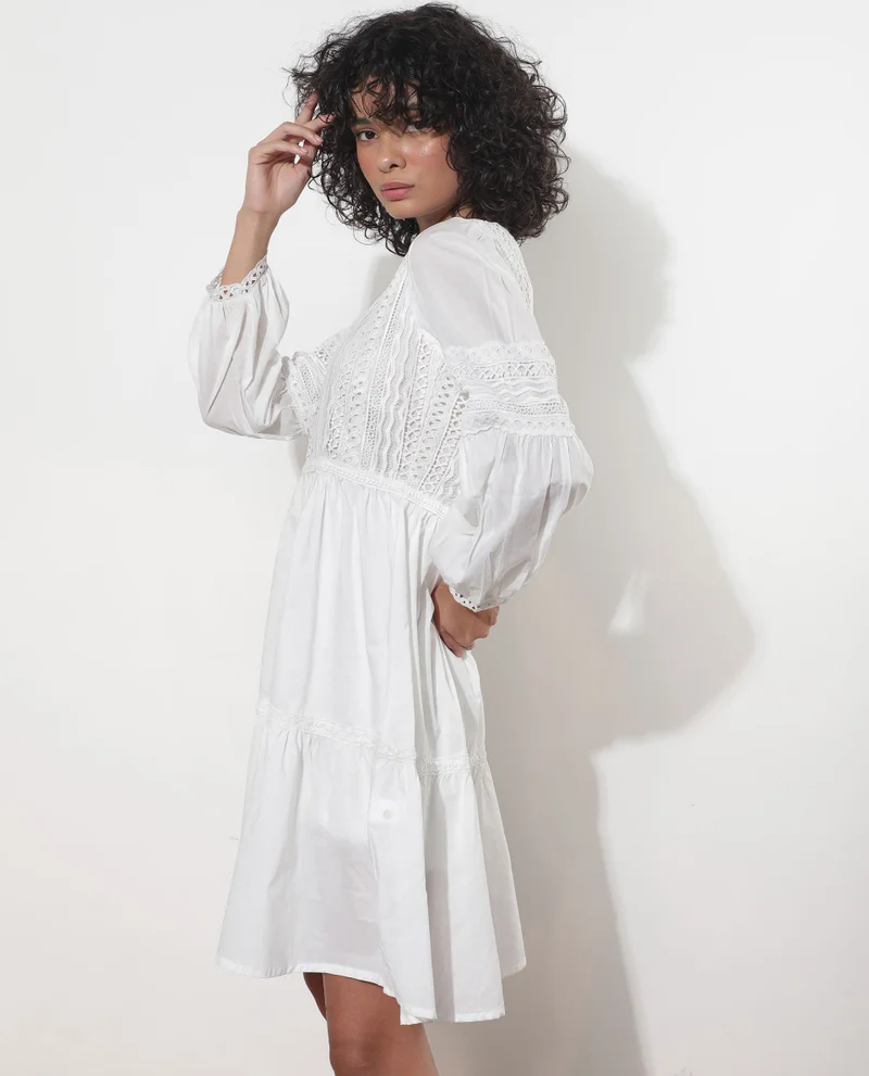 Rareism Women's Elegant White Lace Dress