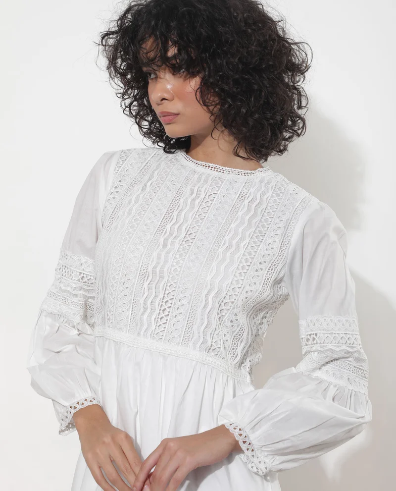 Rareism Women's Elegant White Lace Dress