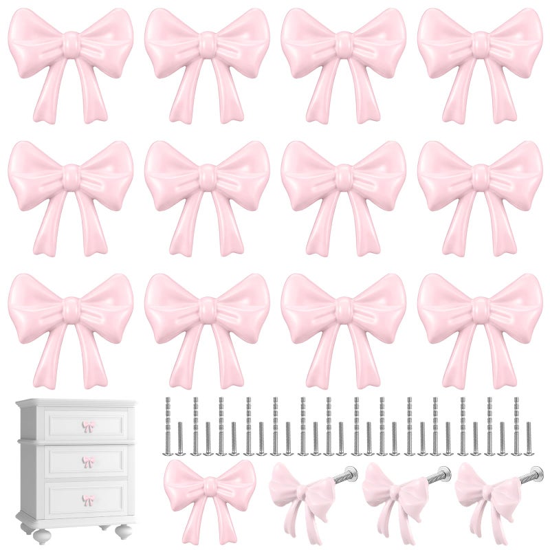 Hotop 15 Pack Pink Bow Dresser Knobs Cabinet Drawer Knobs with 2 Kinds Screws for Hardware Dresser Kitchen Drawer Aluminum Alloy Oxidation Wire Drawing Handle 157 x 118 - Image 2
