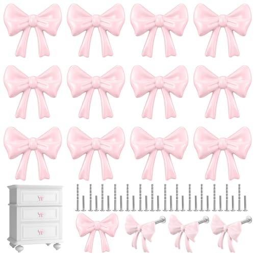 Hotop 15 Pack Pink Bow Dresser Knobs Cabinet Drawer Knobs with 2 Kinds Screws for Hardware Dresser Kitchen Drawer Aluminum Alloy Oxidation Wire Drawing Handle 157 x 118 - Image 1