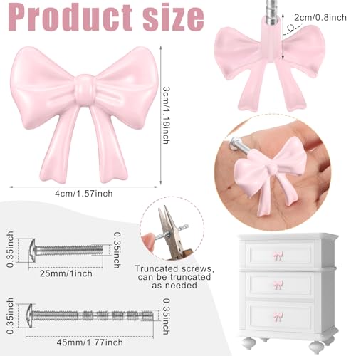 Hotop 15 Pack Pink Bow Dresser Knobs Cabinet Drawer Knobs with 2 Kinds Screws for Hardware Dresser Kitchen Drawer Aluminum Alloy Oxidation Wire Drawing Handle 157 x 118 - Image 3