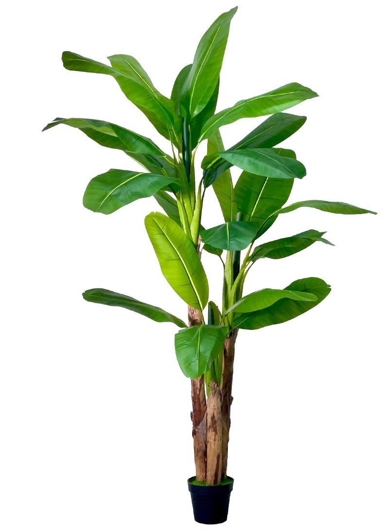 MirageBotanics Artificial Banana 3 Trunks Tree Fake Leaf Plant Tall Tree Faux Banana Leaves with White UV Planter for Home Swimming Pool Outdoor Patio Tropical Decor - Image 1