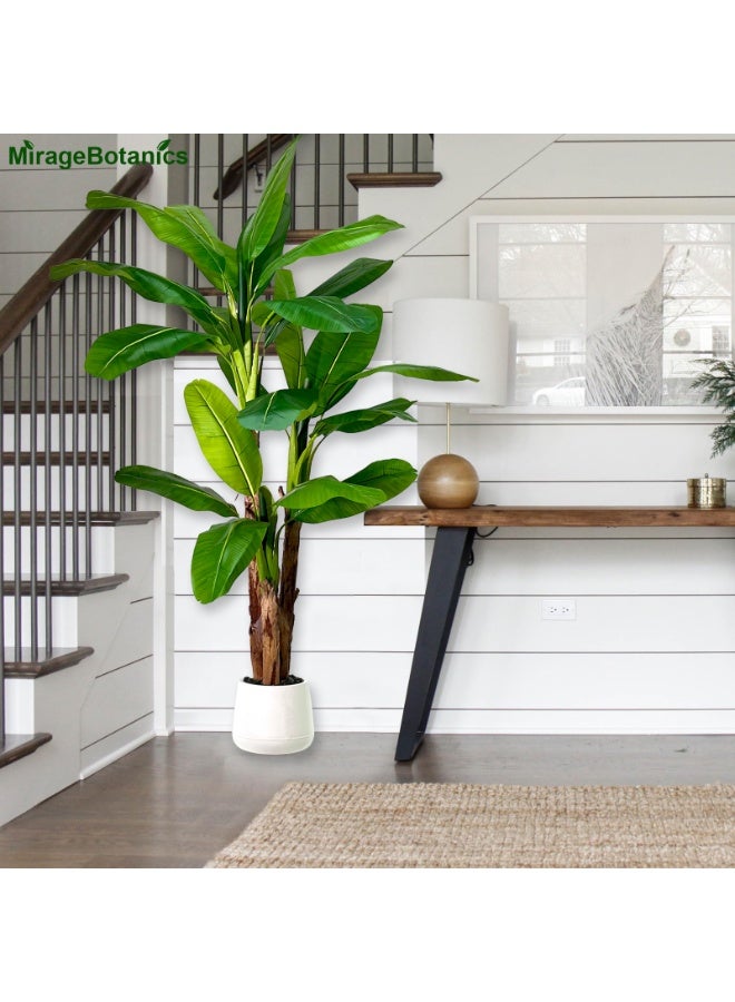 MirageBotanics Artificial Banana 3 Trunks Tree Fake Leaf Plant Tall Tree Faux Banana Leaves with White UV Planter for Home Swimming Pool Outdoor Patio Tropical Decor - Image 2