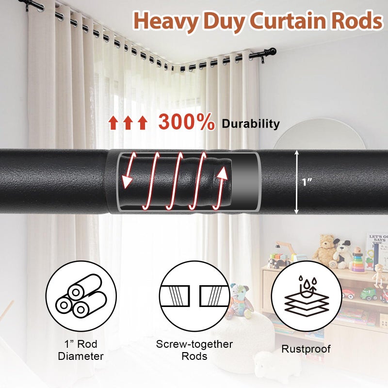 ETICSIPA Corner Curtain Rod for Windows 1 Inch Heavy Duty Metal L Shaped Curtain Rod for Corner Window 32-134â€ Adjustable Long Rods with Decorative End Black - Image 2