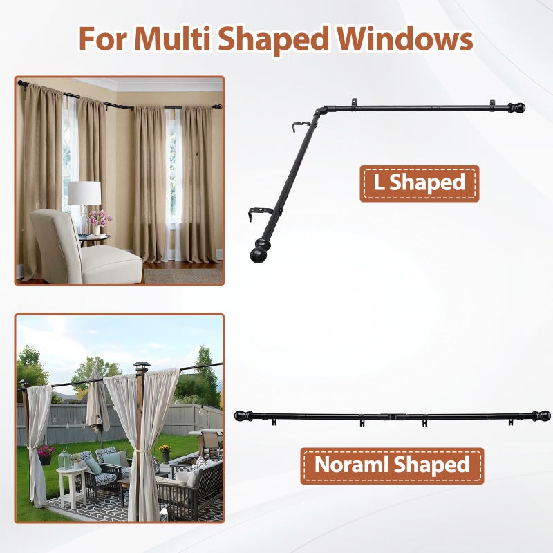 ETICSIPA Corner Curtain Rod for Windows 1 Inch Heavy Duty Metal L Shaped Curtain Rod for Corner Window 32-134â€ Adjustable Long Rods with Decorative End Black - Image 5
