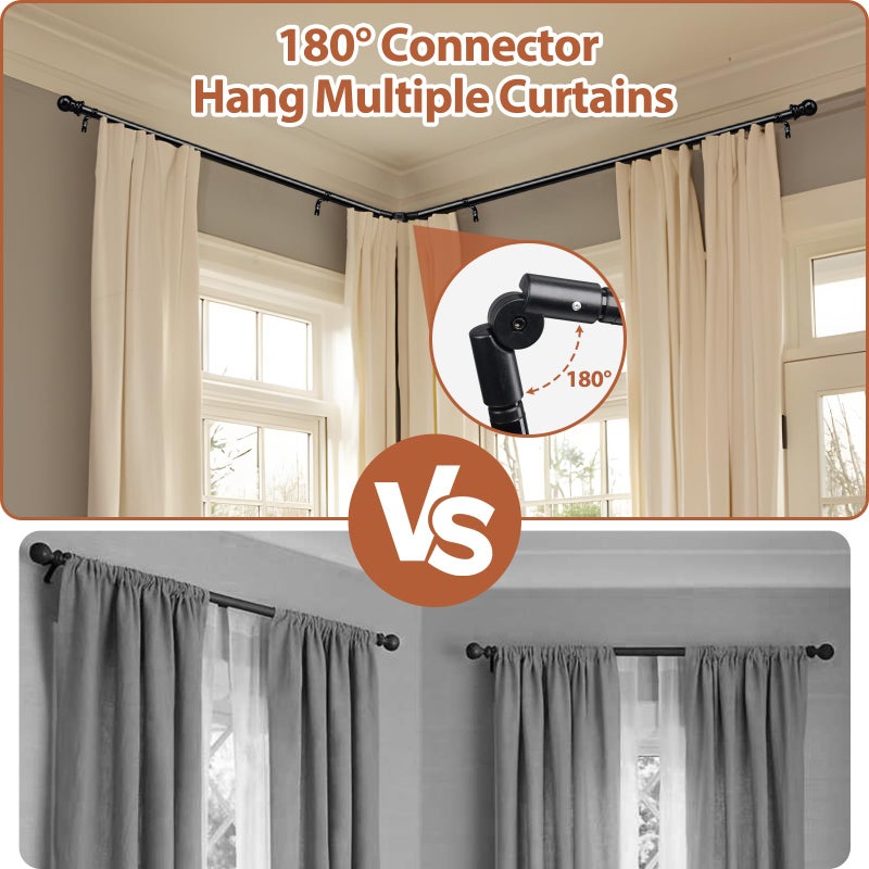 ETICSIPA Corner Curtain Rod for Windows 1 Inch Heavy Duty Metal L Shaped Curtain Rod for Corner Window 32-134â€ Adjustable Long Rods with Decorative End Black - Image 3