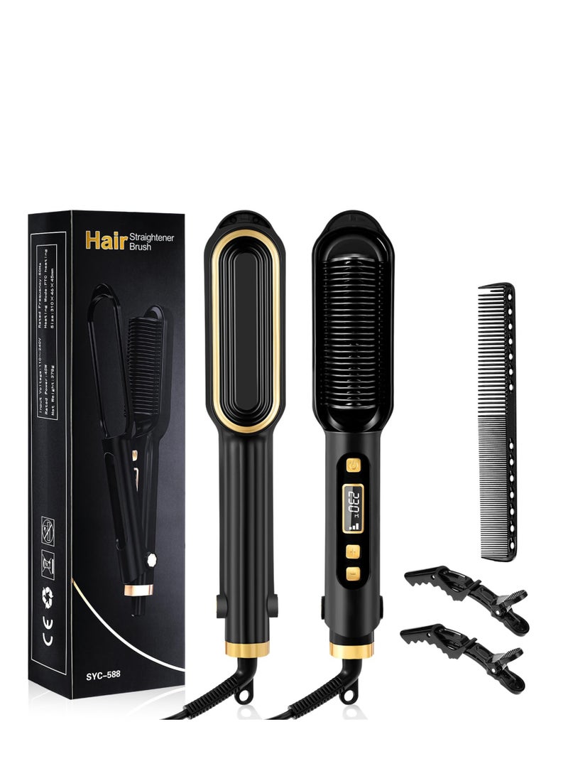SYOSI Hair Straightening Brush 2 in 1 30s Fast Heating LCD Display Ionic Hair Straightener Brush Hot Comb Heating Smoothing Brush with 16 Heating Settings Negative Ion Straightener Comb 360° Rotating Cord - Image 1