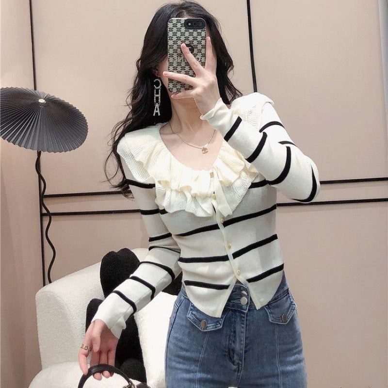 French-style Age-reducing Lotus Collar Striped Sweater Womens 2024 Autumn Slim-fit Slimming All-match Long-sleeve Base Shirt Apricot strips [not a few pieces] 16 pieces left 