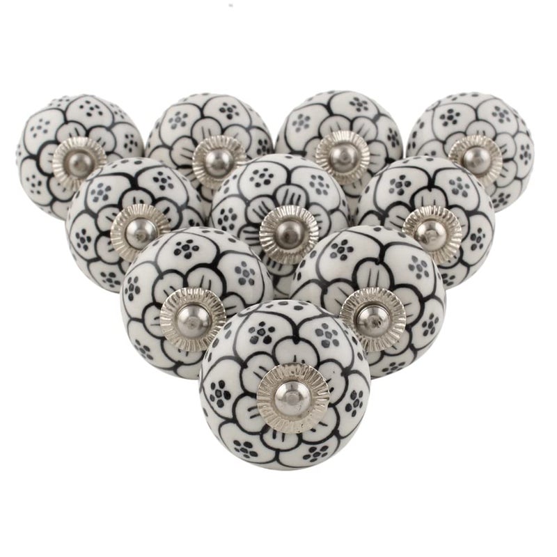 Indian-Shelf IndianShelf Pack of 25 Black and White Drawer Knob Ceramic Dresser Knob Round Door Handles Floral Drawer Pull Door Pull Farmhouse Drawer Pulls and Knobs Modern Pull Hardware Cabinets Nursery Knobs 