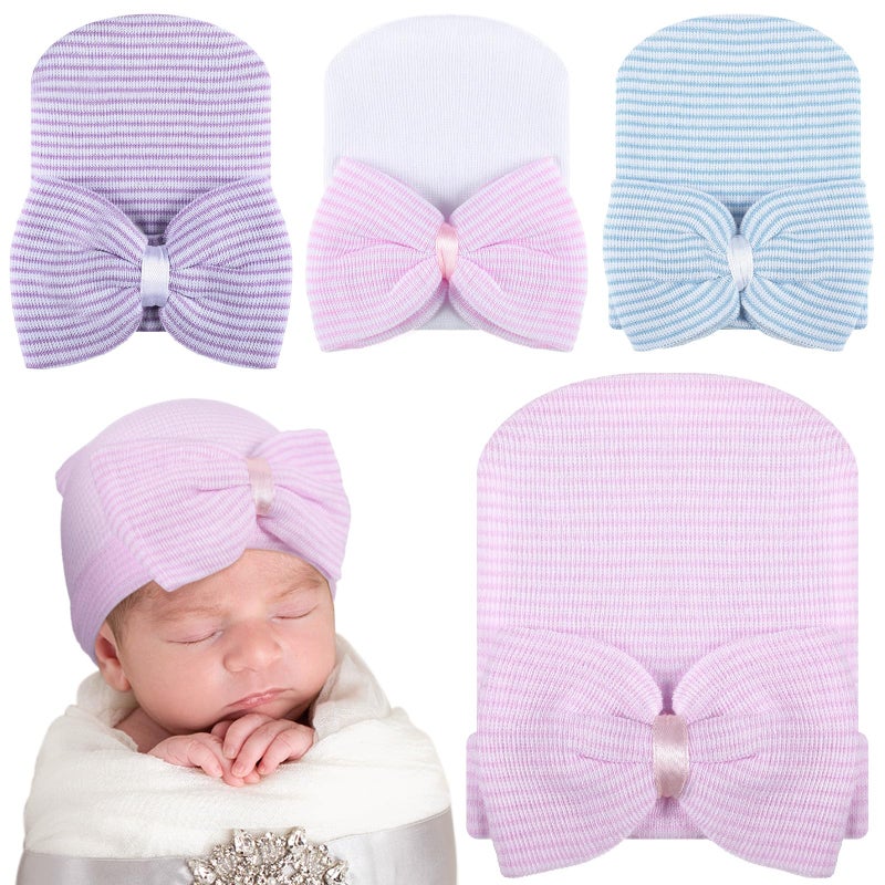 Cuffbow 4 Pcs Preemie Hats Bow Cap Warm Hospital Premature Baby Cotton Beanie for Premature Boy Girl Newborn 3-7 Lbs Infant, Pastel Color, One Size - Image 1