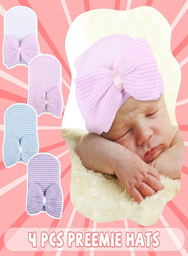Cuffbow 4 Pcs Preemie Hats Bow Cap Warm Hospital Premature Baby Cotton Beanie for Premature Boy Girl Newborn 3-7 Lbs Infant, Pastel Color, One Size - Image 4