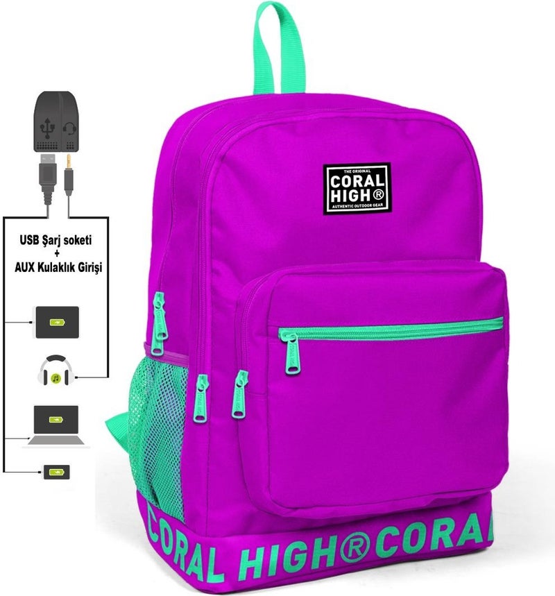 CORAL HIGH Embroidery Logo Dark Pink Backpack with USB Charging Headphone Output 24102
