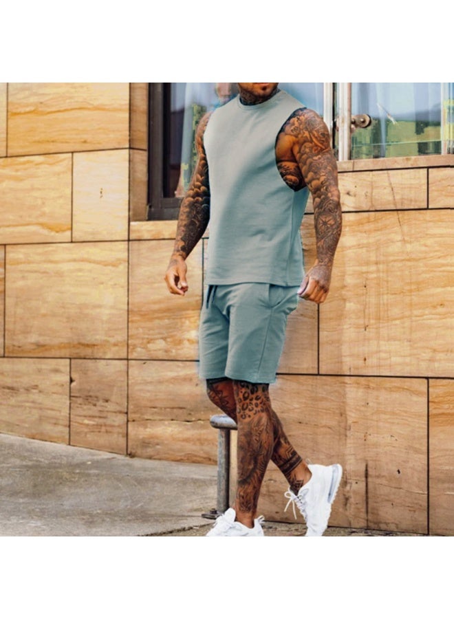 Sporty Casual Thin Five-Point Shorts Sleeveless Top Solid Color Shoulder Short Pants Two-Piece Set for Men Comfortable Breath - Image 1