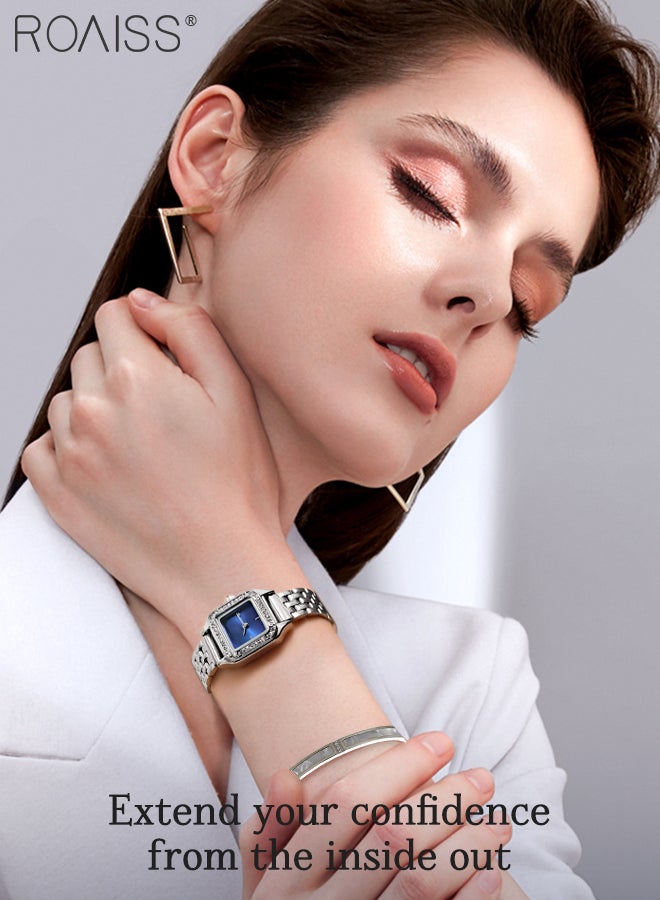 roaiss 2Pcs Women's Stainless Steel Strap Quartz Watch Set, Analog Display Square Dial with Zircon Decoration, Luxury Waterproof Wristwatch and Mother-of-Pearl Shell Bracelet, as Gift for Ladies  - Image 2
