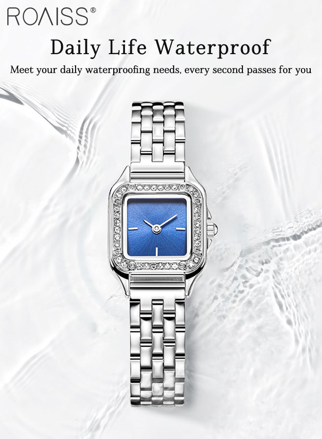 roaiss 2Pcs Women's Stainless Steel Strap Quartz Watch Set, Analog Display Square Dial with Zircon Decoration, Luxury Waterproof Wristwatch and Mother-of-Pearl Shell Bracelet, as Gift for Ladies  - Image 3