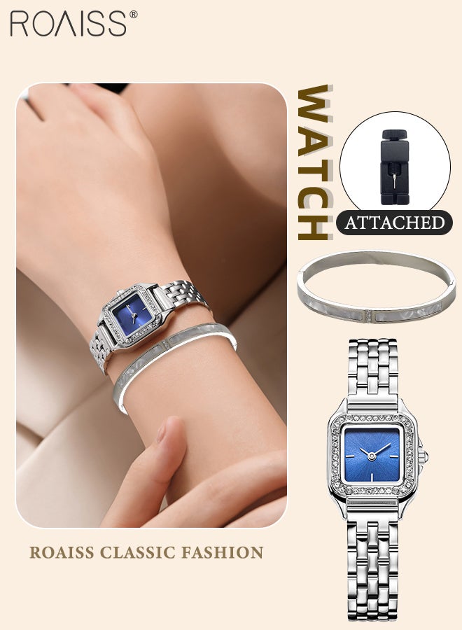roaiss 2Pcs Women's Stainless Steel Strap Quartz Watch Set, Analog Display Square Dial with Zircon Decoration, Luxury Waterproof Wristwatch and Mother-of-Pearl Shell Bracelet, as Gift for Ladies  - Image 1