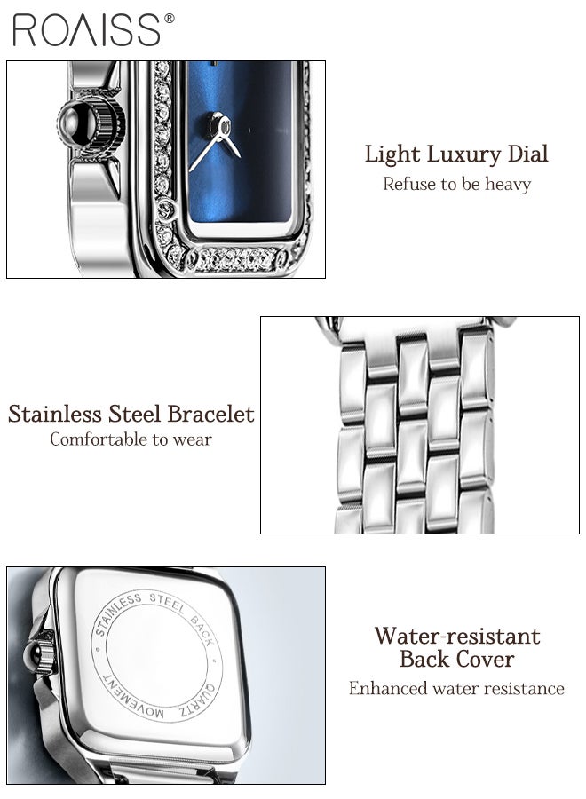 roaiss 2Pcs Women's Stainless Steel Strap Quartz Watch Set, Analog Display Square Dial with Zircon Decoration, Luxury Waterproof Wristwatch and Mother-of-Pearl Shell Bracelet, as Gift for Ladies  - Image 5