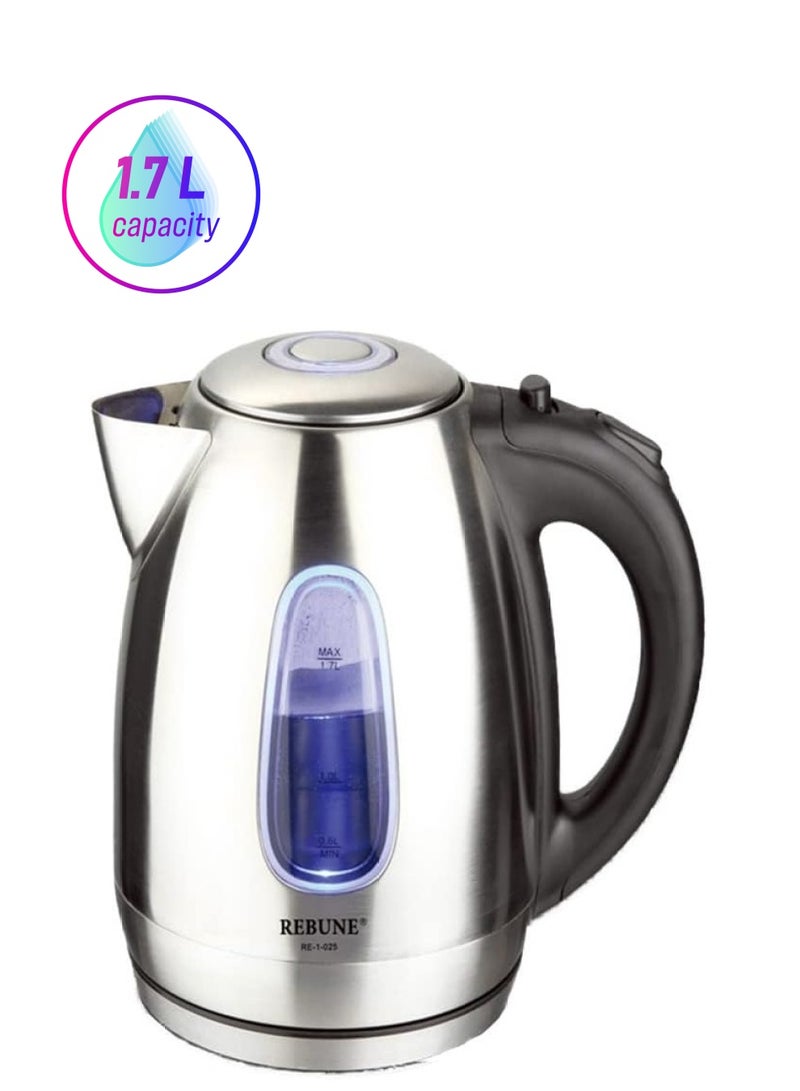 REBUNE RE-1-025 Electric Kettle Stainless Steel Fast for Tea and Coffee, 1.7 Litre, 2200W Silver - Image 1